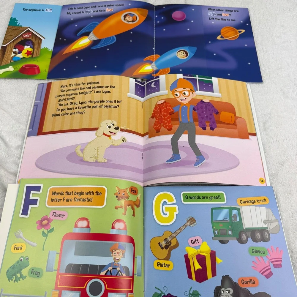 Blippi 3 Book Set Alphabet Fun CD Bedtime Stickers Lets Look High and Low Flaps